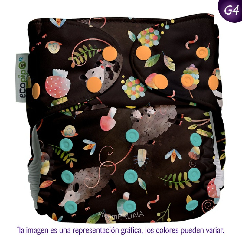 Pañal G4 estampado Ecopipo. Broches. Zarigüeya.